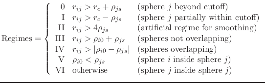 $\displaystyle \textrm{Regimes} = \left\{ \begin{array}{r l l} \textrm{0} & r_{i...
...m{otherwise} &(\textrm{sphere}~j~\textrm{inside~sphere}~j)\\ \end{array}\right.$