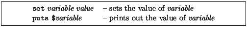 \framebox[0.9\textwidth]{
\par
\begin{tabular}{ll}
{\tt set} {\it variab...
...}{\it variable} & -- prints out the value of {\it variable}
\end{tabular}
}