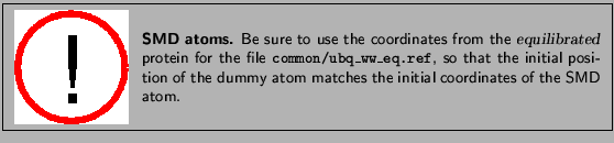 \fbox{
\begin{minipage}{.2\textwidth}
\includegraphics[width=2.3 cm, height=2....
...e dummy atom matches the initial coordinates of the SMD atom.}
\end{minipage} }