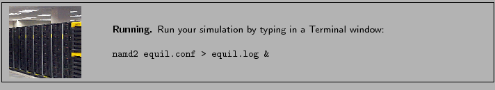 \fbox{
\begin{minipage}{.2\textwidth}
\includegraphics[width=2.3 cm, height=2....
...erminal window:
\\ \\
{\tt namd2 equil.conf > equil.log \&}
}
\end{minipage} }