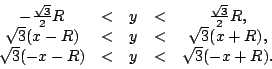 \begin{displaymath}\begin{array}{ccccc}
-\frac{\sqrt{3}}{2}R & < & y & < & \frac...
...R),\\
\sqrt{3}(-x-R) & < & y & < & \sqrt{3}(-x+R).
\end{array}\end{displaymath}