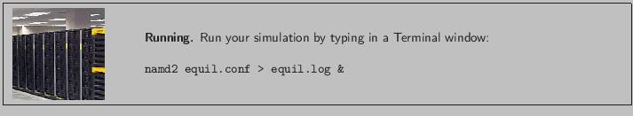 \fbox{
\begin{minipage}{.2\textwidth}
\includegraphics[width=2.3 cm, height=2....
...erminal window:
\\ \\
{\tt namd2 equil.conf > equil.log \&}
}
\end{minipage} }