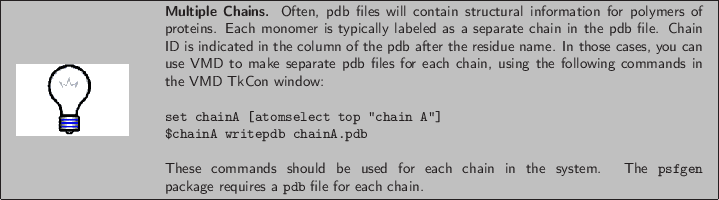 \framebox[\textwidth]{
\begin{minipage}{.2\textwidth}
\includegraphics[width=2...
...tt psfgen} package requires a {\tt pdb} file for each chain.
}
\end{minipage} }